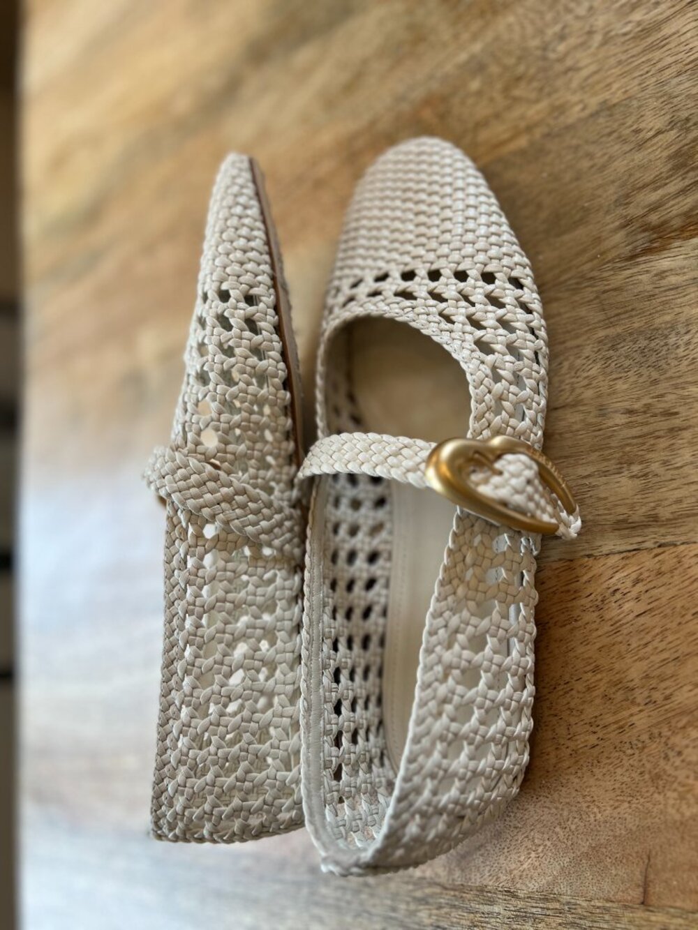 Larroude Cream Woven Mary Jane Flats with Gold Buckles - Picture 6 of 10